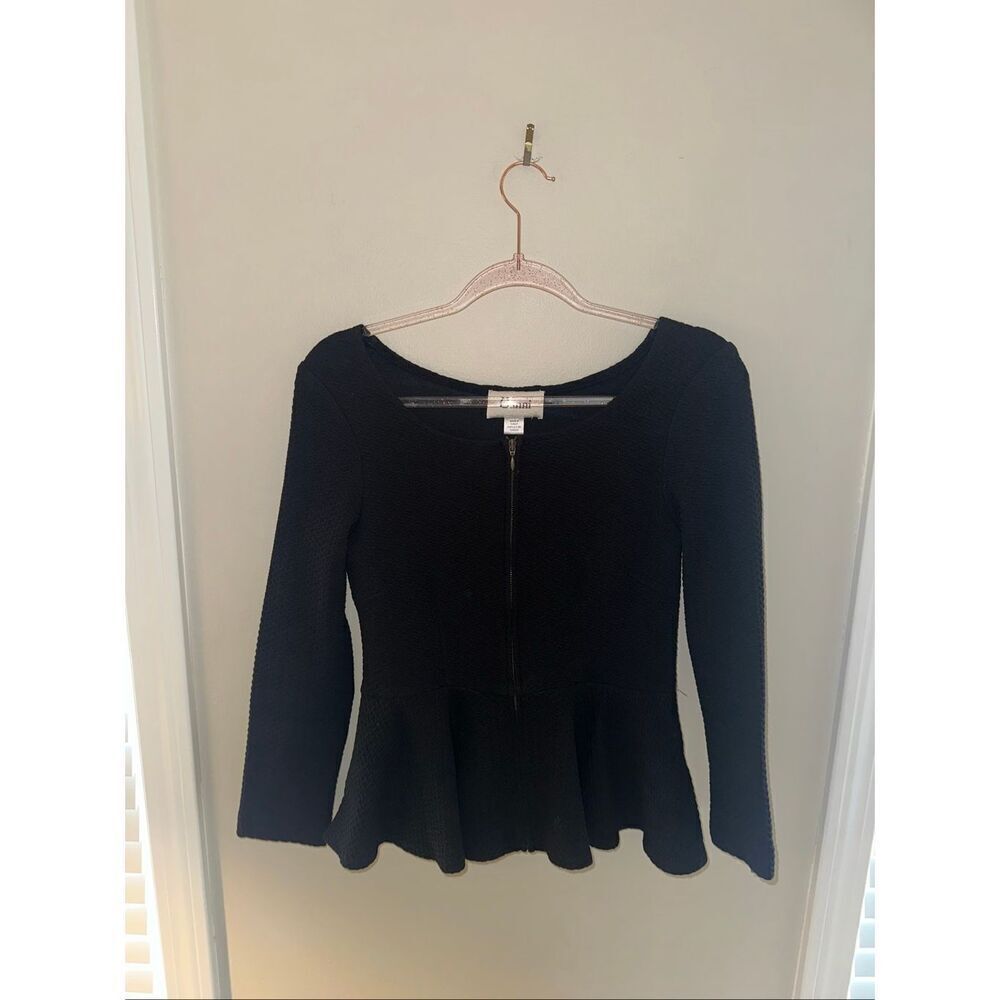 Ganni Black Textured 3/4 Sleeve Peplum Top Zip Front Small Vampire Diaries